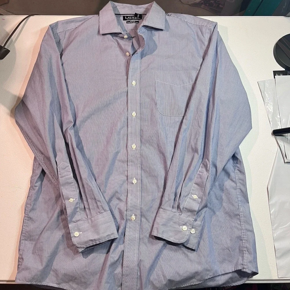 Lauren Ralph Lauren Mens Black Label Button‎ Down 17 34/35 Slim Fit Blue Striped
